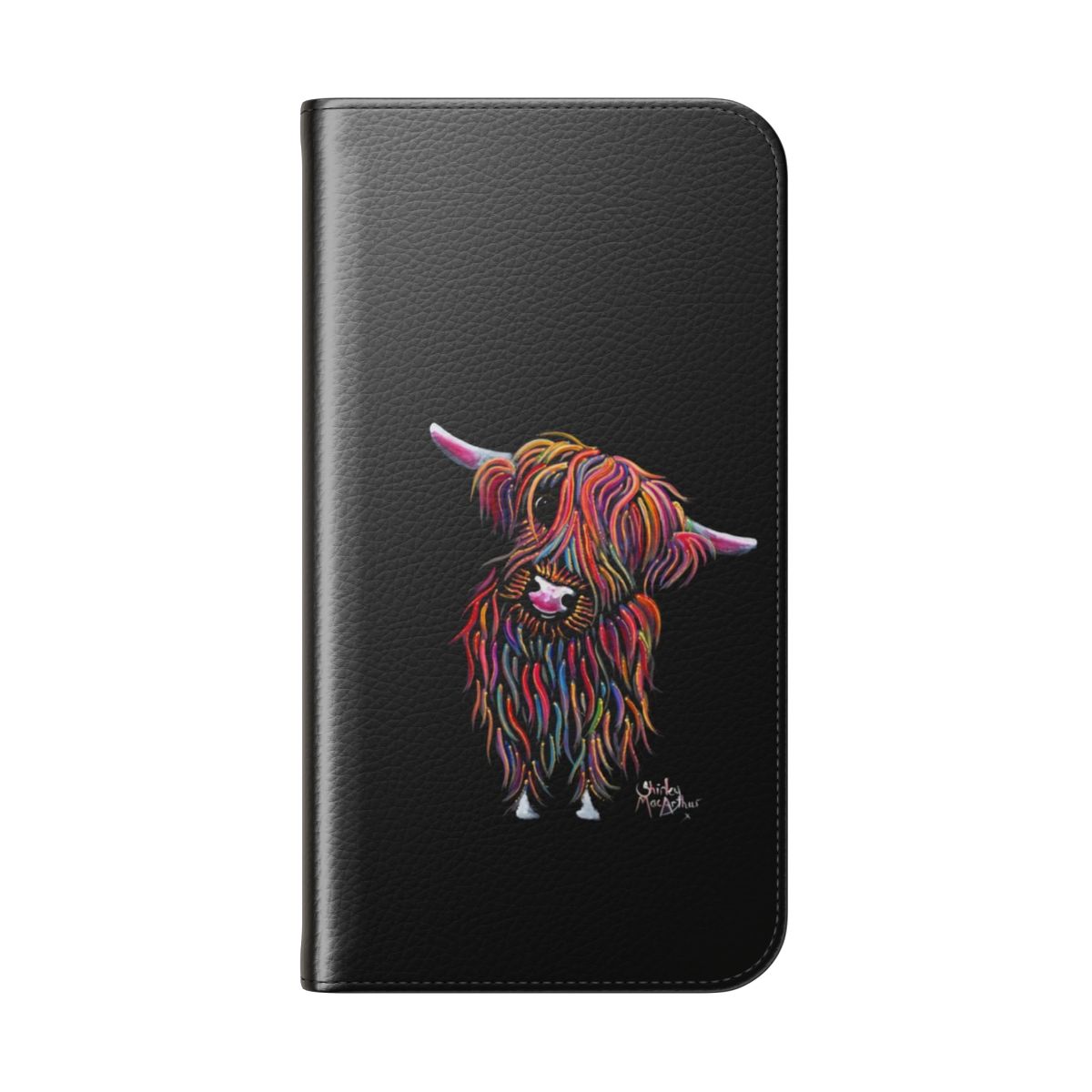 Vibrant painted image of a fluffy, ginger-colored Scottish highland cow on a phone case - Folded Back