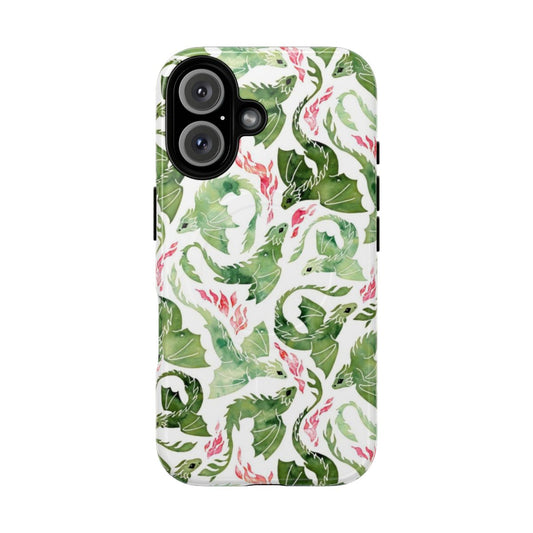 A dragon-themed phone case with fiery green and scarlet watercolor design