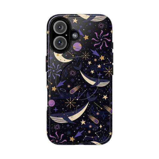 Close-up of a phone case with a design featuring whales, stars, and a cosmic space theme.