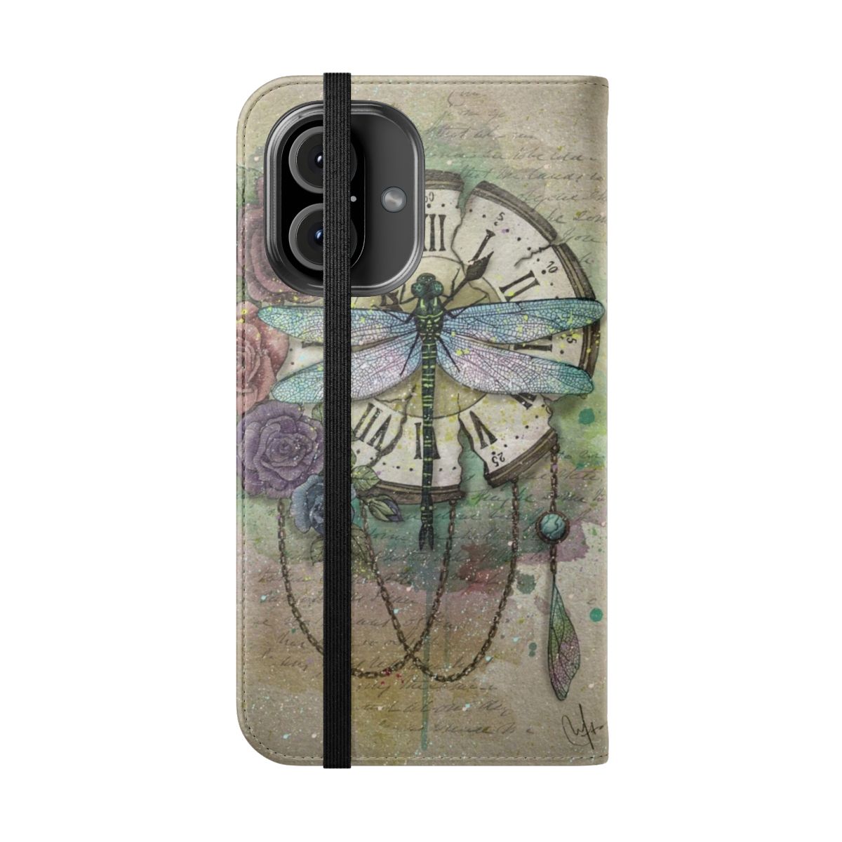 Flip phone case with a dragonfly and rose design - Folded Front