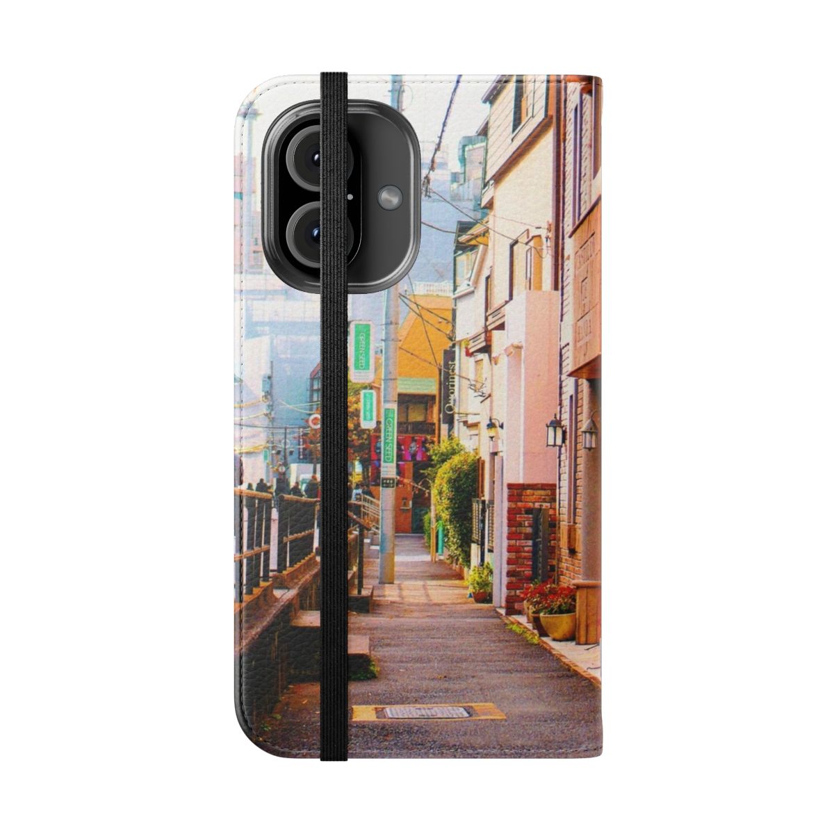 Flip phone case featuring a beautiful Japanese landscape with the sun shining over a city scene. - Folded Front