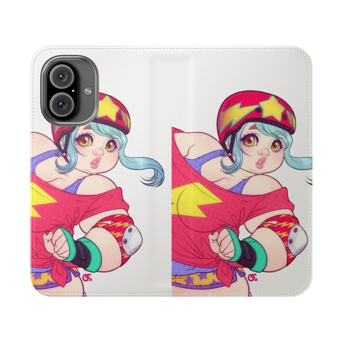 Vibrant retro-style flip phone case with roller derby and 80s inspired design