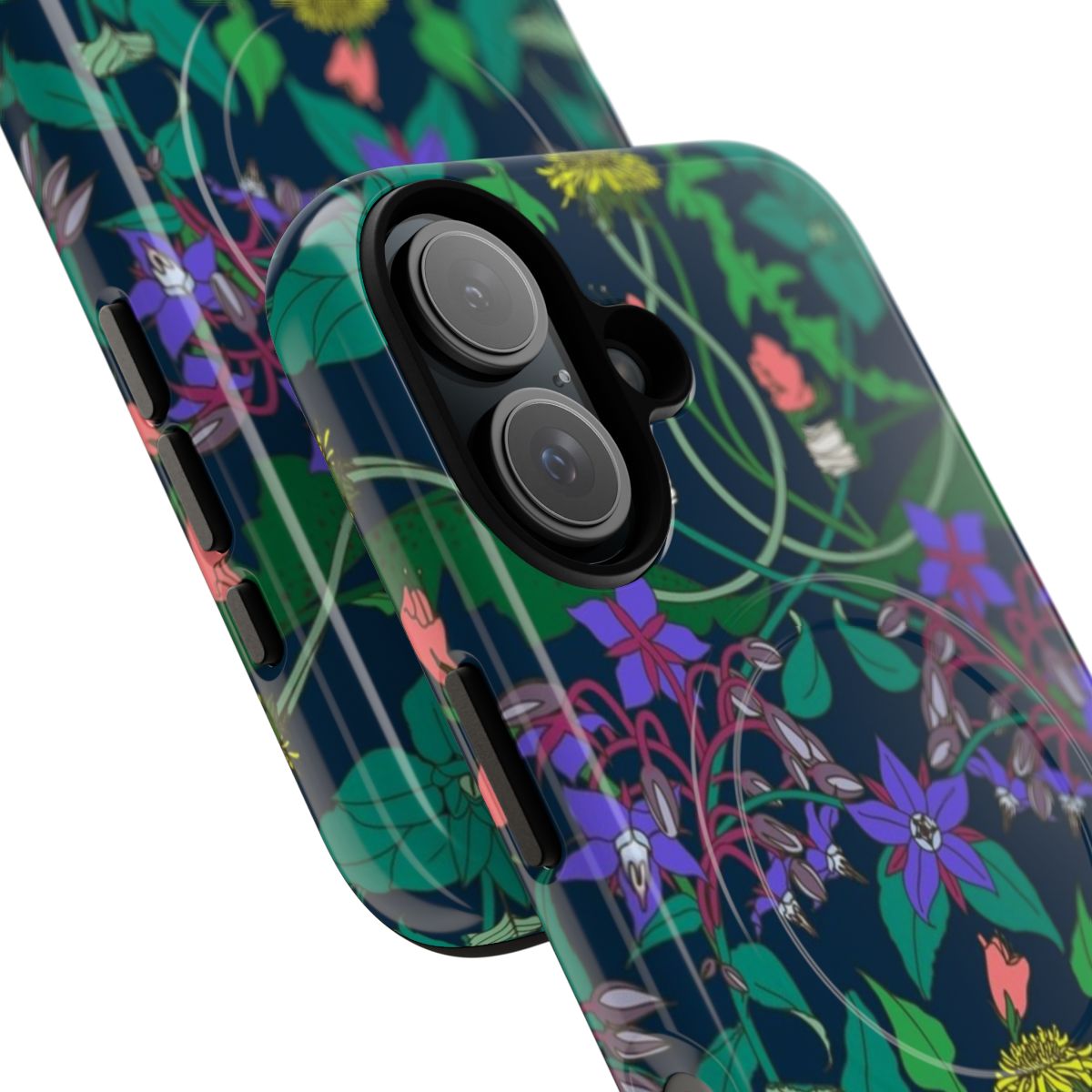 Vibrant floral phone case design featuring a pattern of dandelions, daisies, and other wildflowers. - Detail