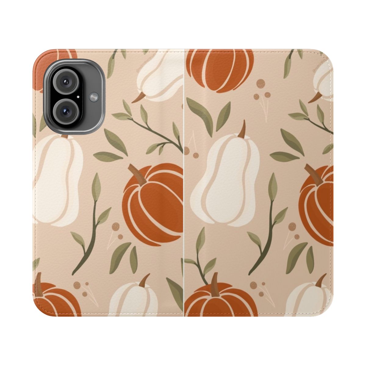 Pumpkin spice-themed phone case with fall leaves design