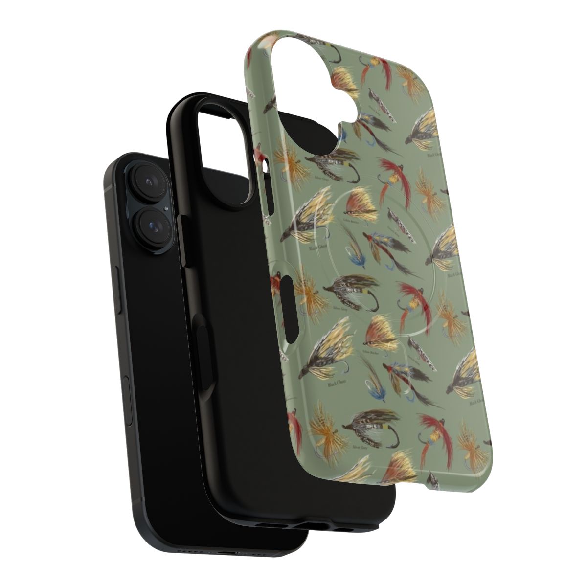 Fly fishing enthusiasts holding a magnetic tough phone case with hand-tied flies - Layers