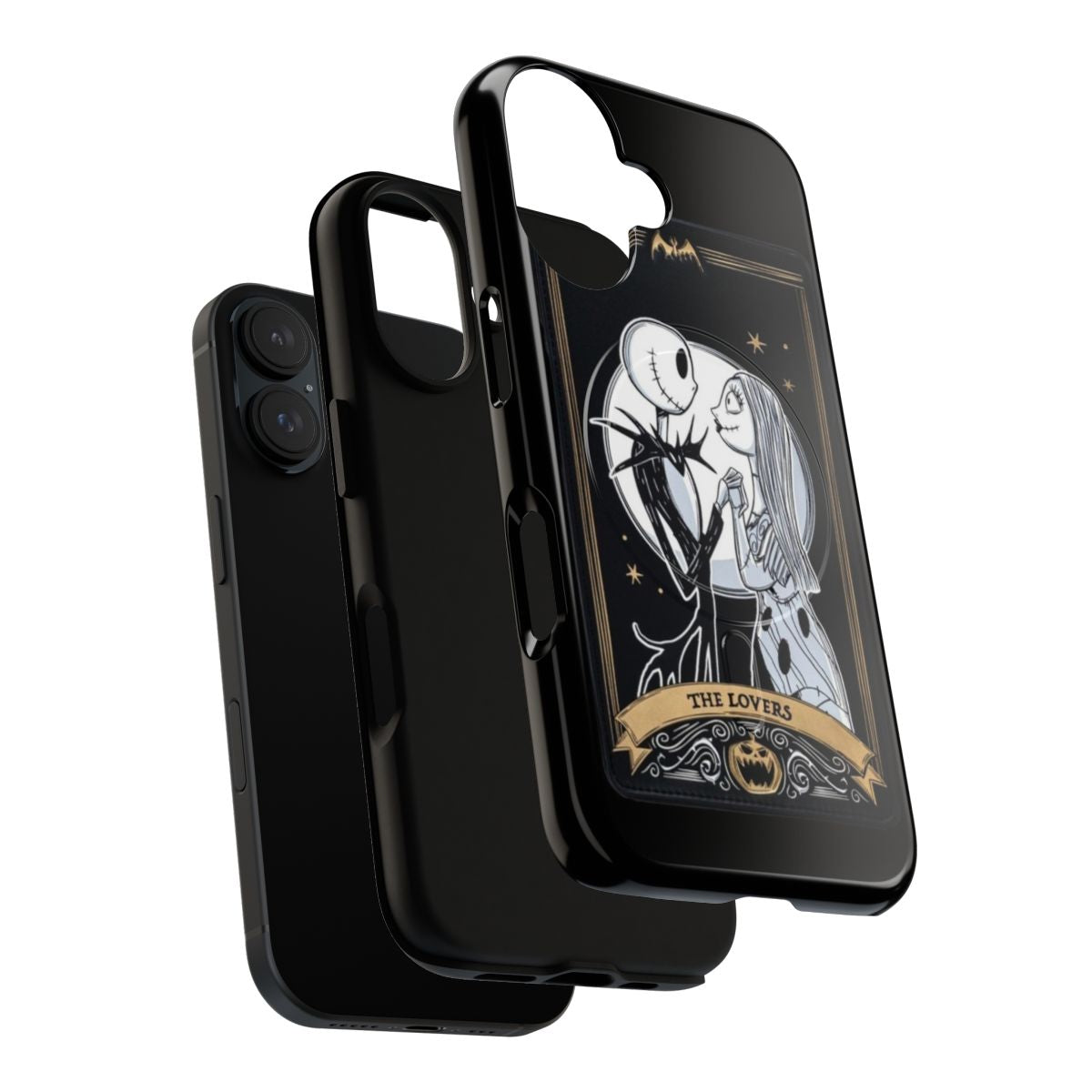 A sleek and durable phone case featuring a design inspired by the classic film "The Nightmare Before Christmas" and the Tarot's "The Lovers" card. - Layers