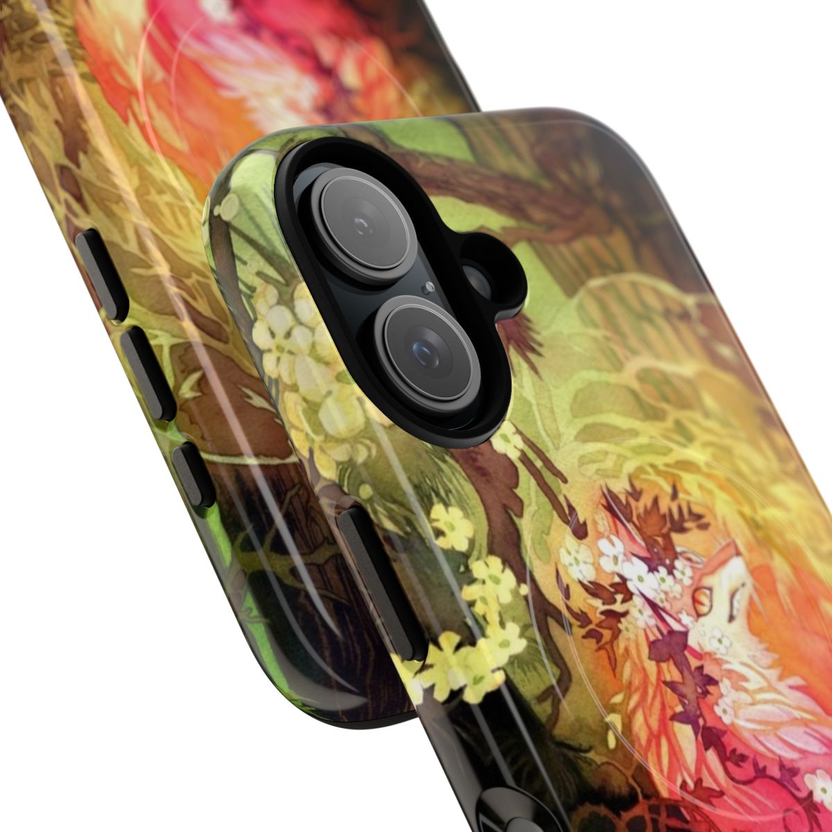 Artistic watercolor illustration of a fox in a floral forest setting on a phone case - Detail