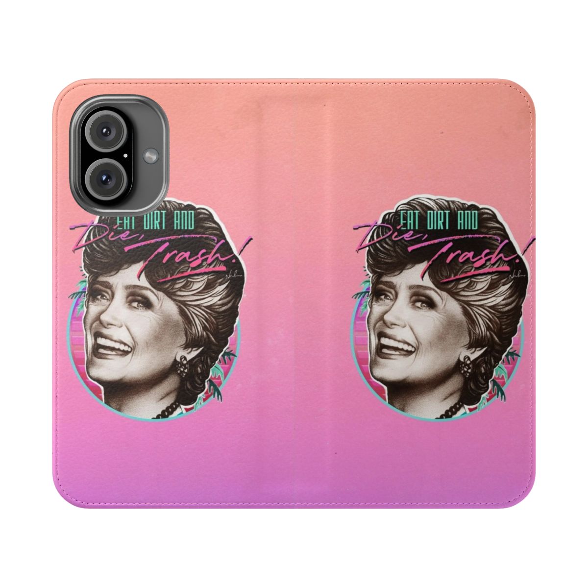 Vintage-inspired flip cover phone case featuring a Golden Girls-themed design