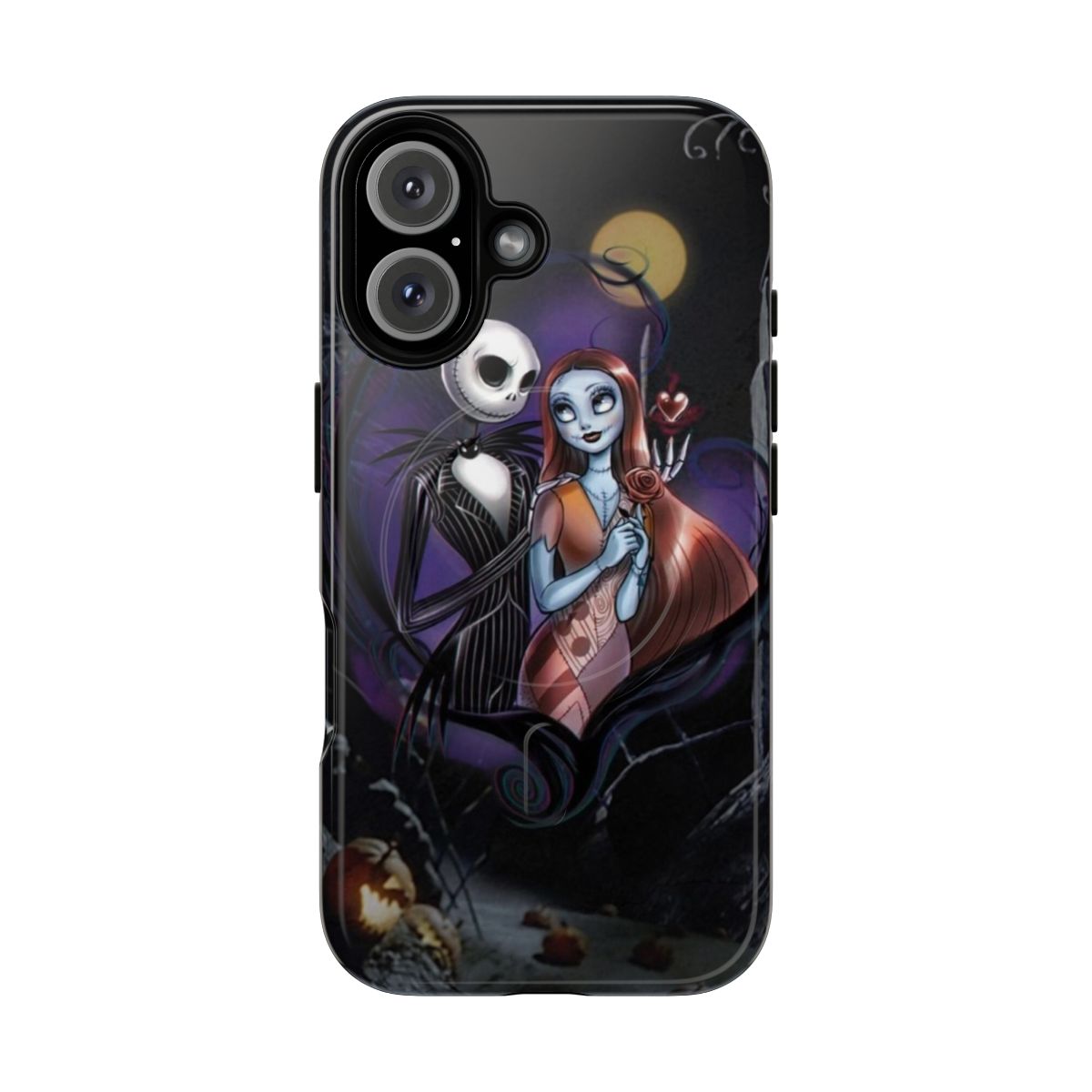 Magnetic phone case featuring Jack Skellington and Sally from the Nightmare Before Christmas movie.