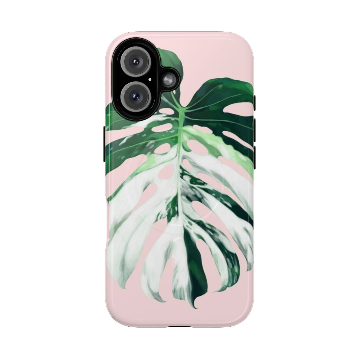 Colorful image of a variegated monstera albo borsigiana plant on a pink phone case