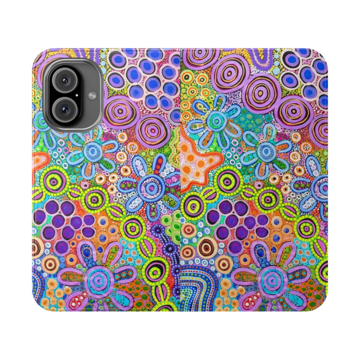 Vibrant flip cover phone case showcasing aboriginal-inspired artwork