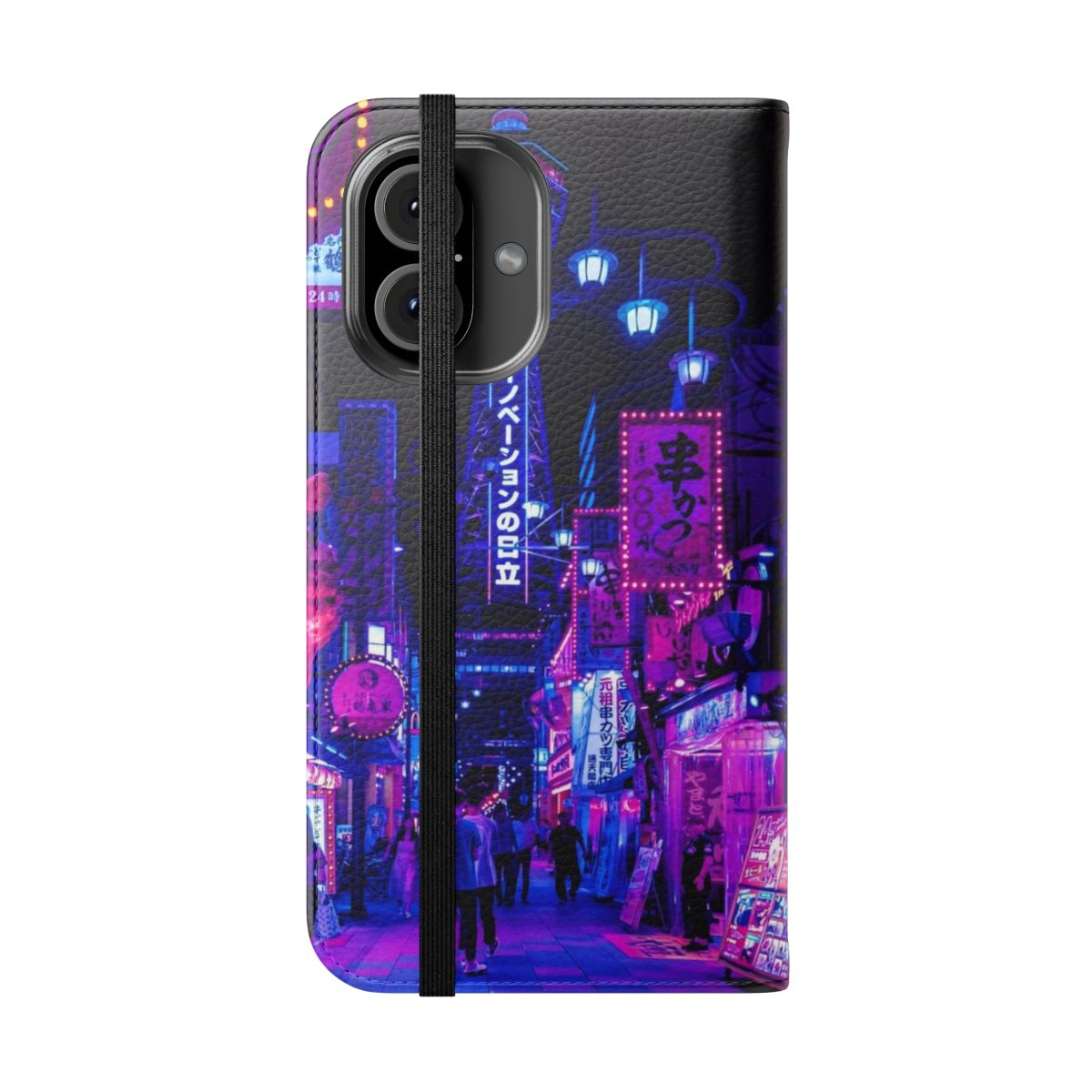 Stylish anime-themed flip phone case featuring scenes of Osaka, Japan's vibrant city streets. - Folded Front