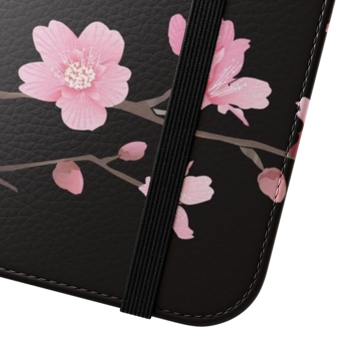 Black flip cover phone case featuring a vibrant cherry blossom floral design - Close Up