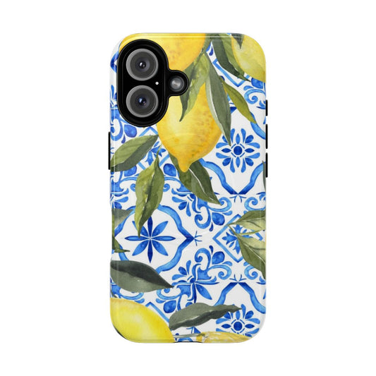 Blue and white tile pattern phone case with lemons