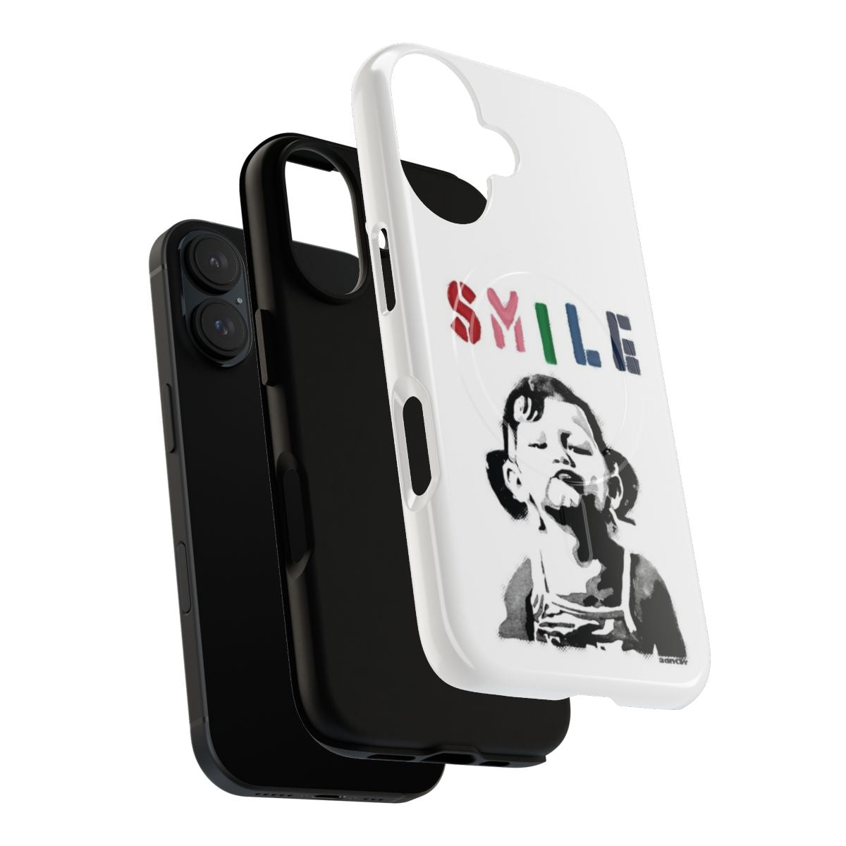 High-quality phone case featuring a Banksy-inspired graffiti design with a defiant woman not smiling. - Layers