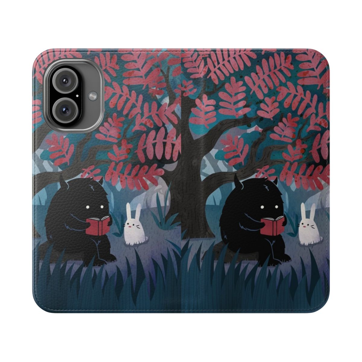 Flip cover phone case featuring a watercolor illustration of a quiet spot in the forest with a bunny and monster.