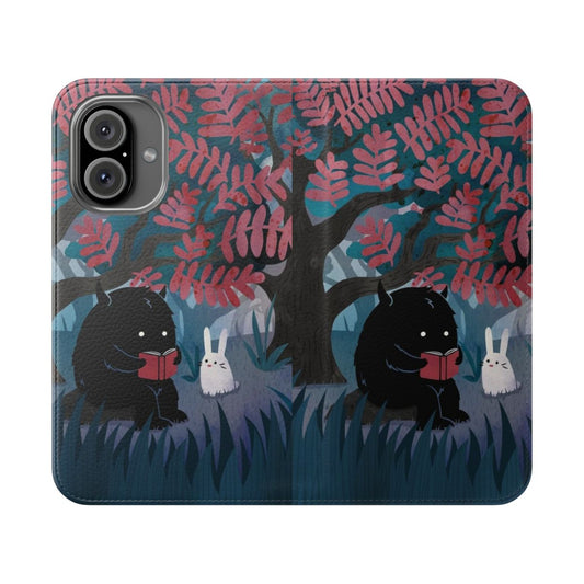 Flip cover phone case featuring a watercolor illustration of a quiet spot in the forest with a bunny and monster.