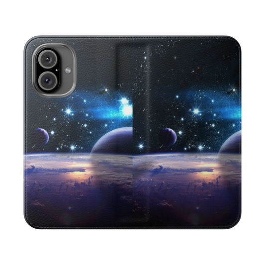 Flip phone case with illustrations of planets in the solar system