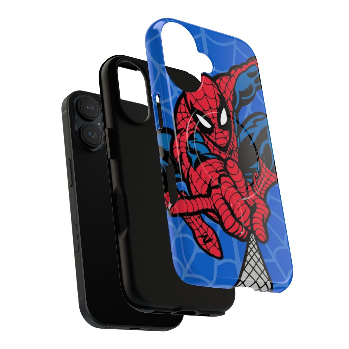 A red and blue spider-themed magnetic tough phone case with a superhero design. - Layers