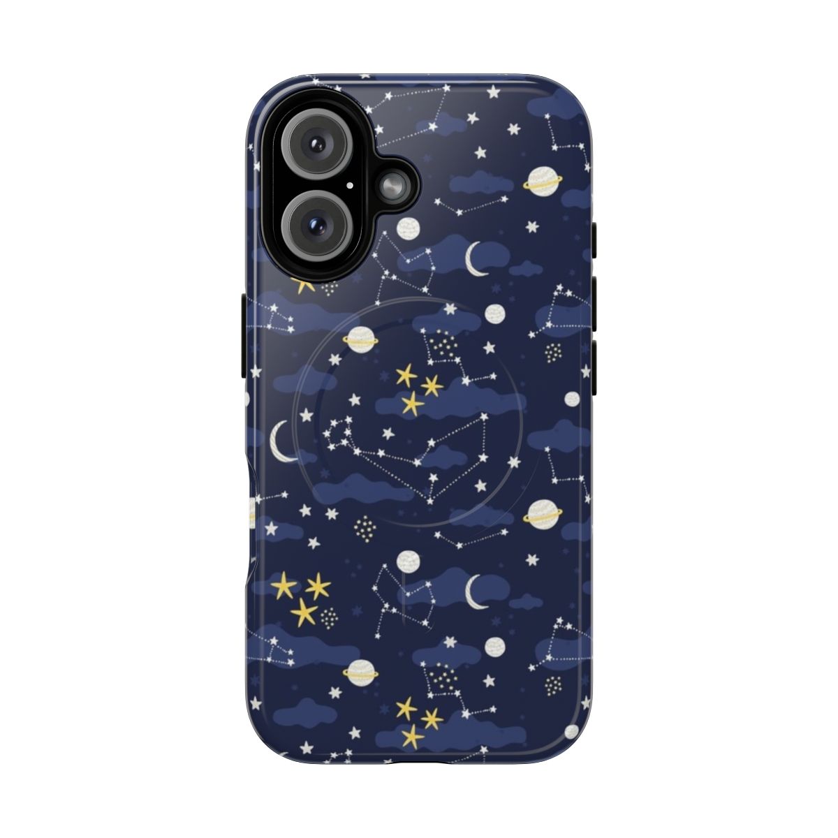 A phone case featuring a cosmic galaxy design with a cartoon-style universe, moon, and stars.