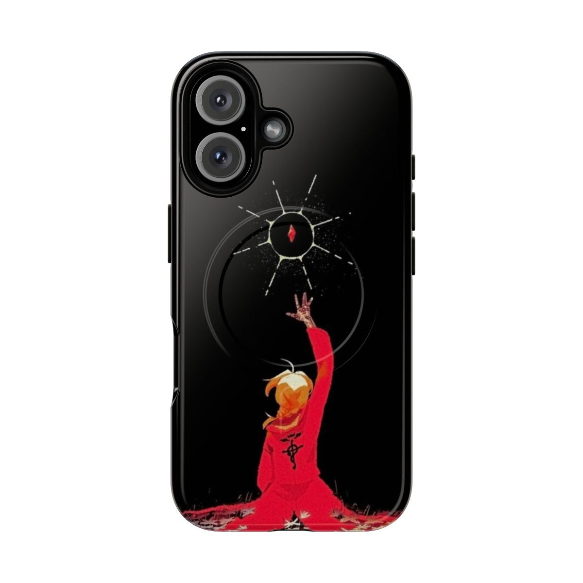 Magnetic phone case with Edward Elric's iconic red and black design from the anime series Full Metal Alchemist: Brotherhood