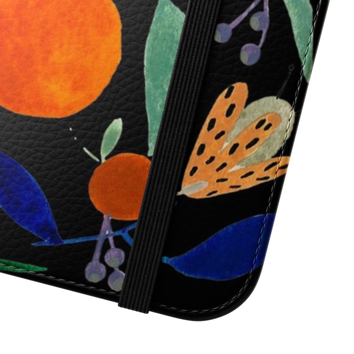 Closeup of an orange botanical pattern phone case with palm trees and flowers - Close Up