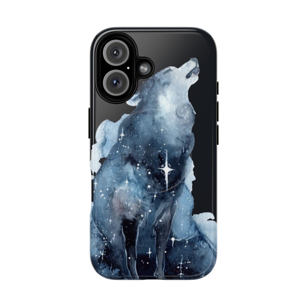 Magnetic phone case featuring a watercolor design of a howling wolf against a starry night sky