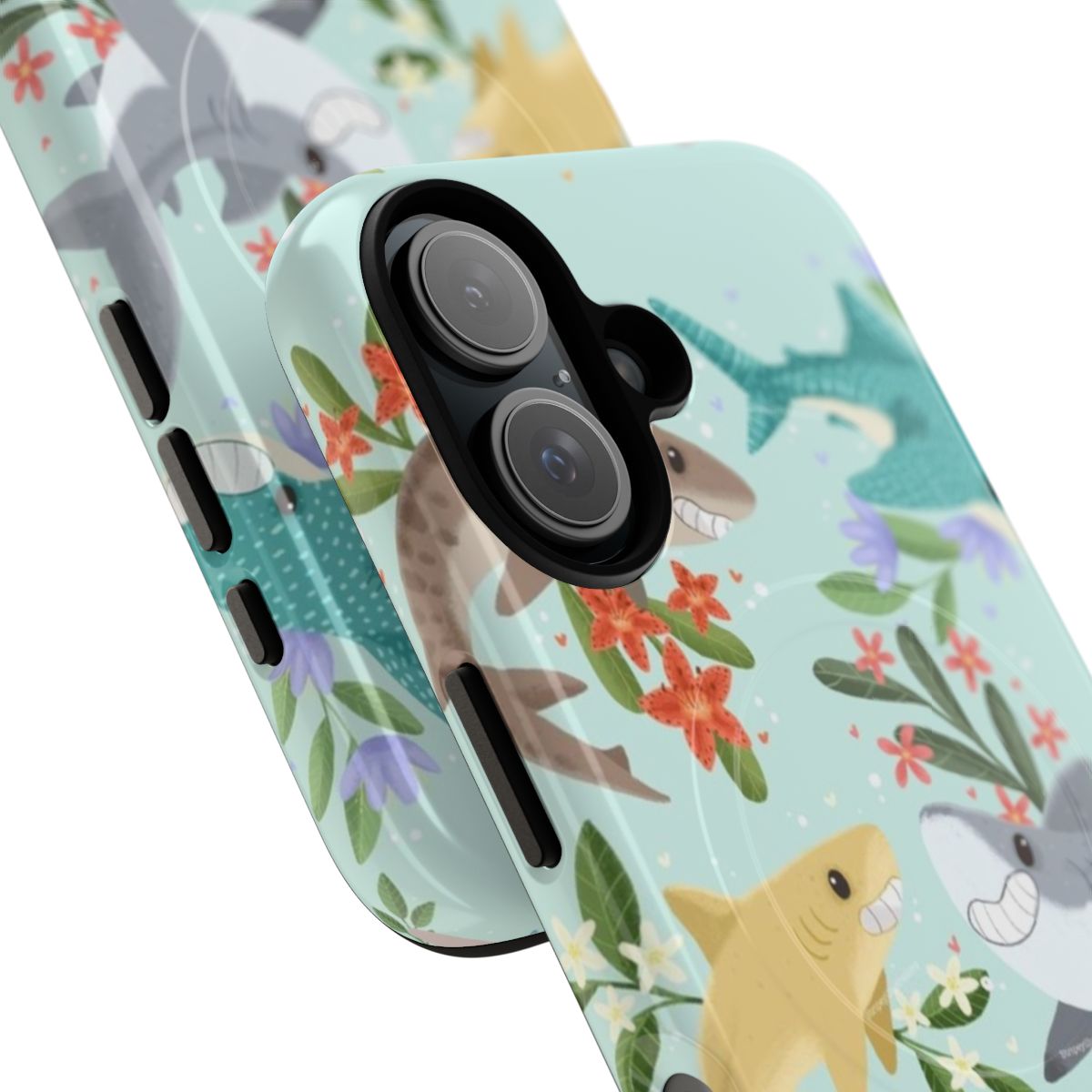 A colourful and stylish phone case featuring a floral design with a cute shark motif. - Detail