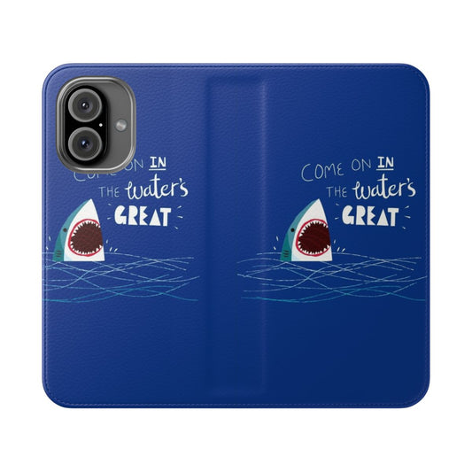 Shark-themed flip phone case with a cute and funny character design featuring waves, typography, and a great white shark.