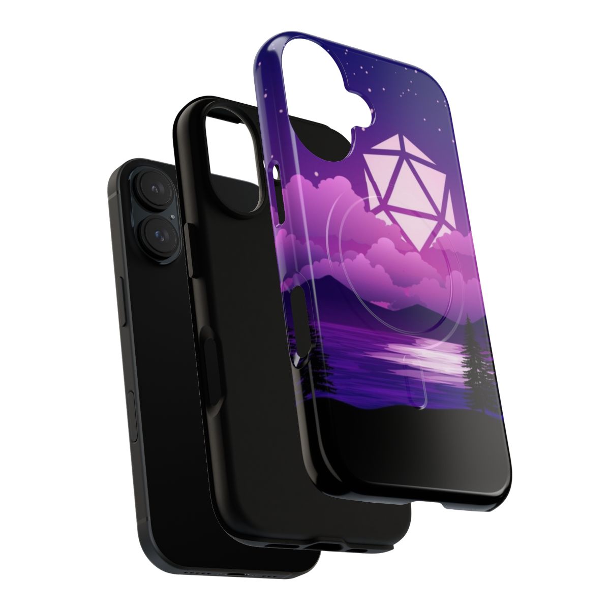 Collectible phone case featuring a fantasy landscape and dice design for tabletop RPG enthusiasts. - Layers