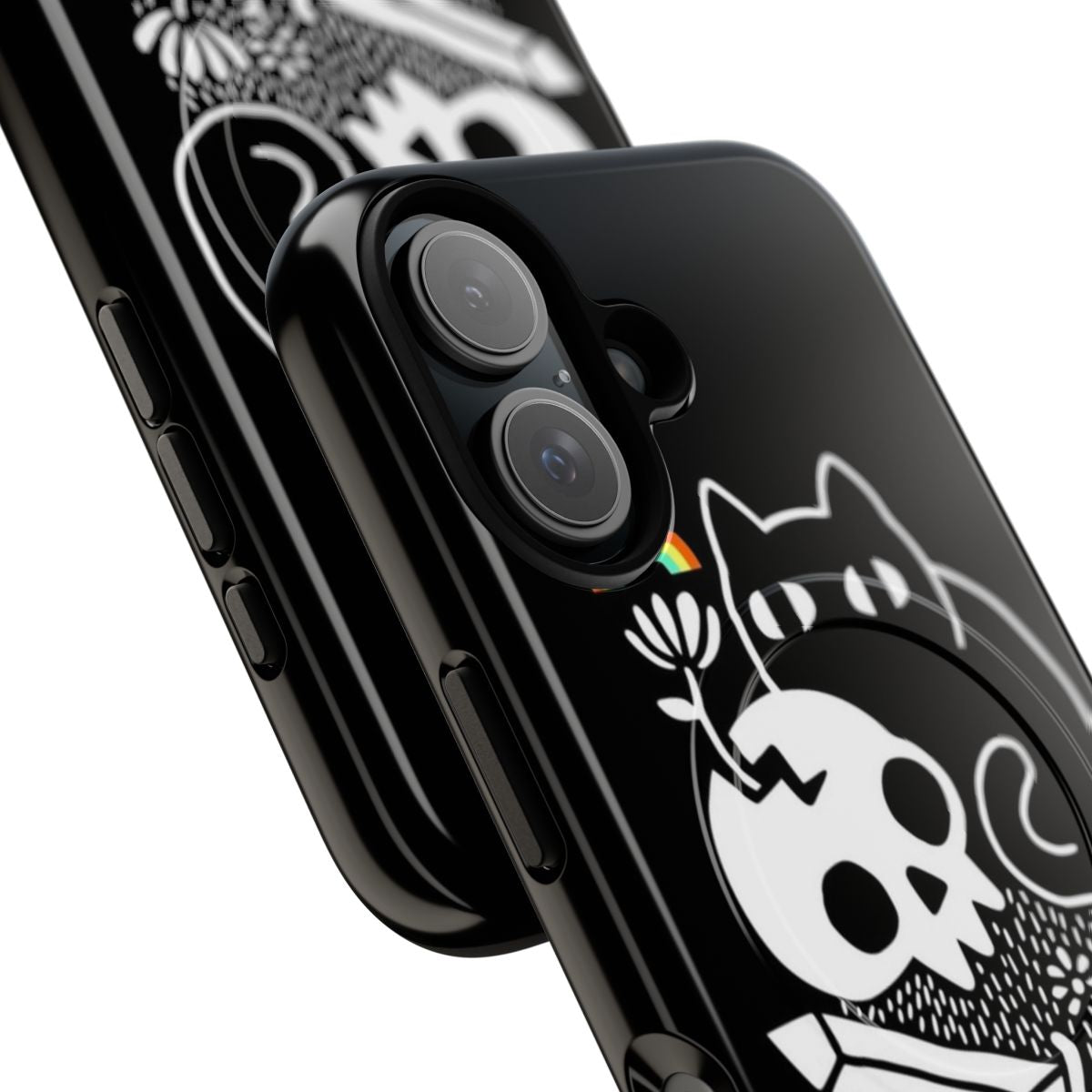 A tough magnetic phone case featuring a design with cats, skulls, rainbows, and floral patterns. - Detail