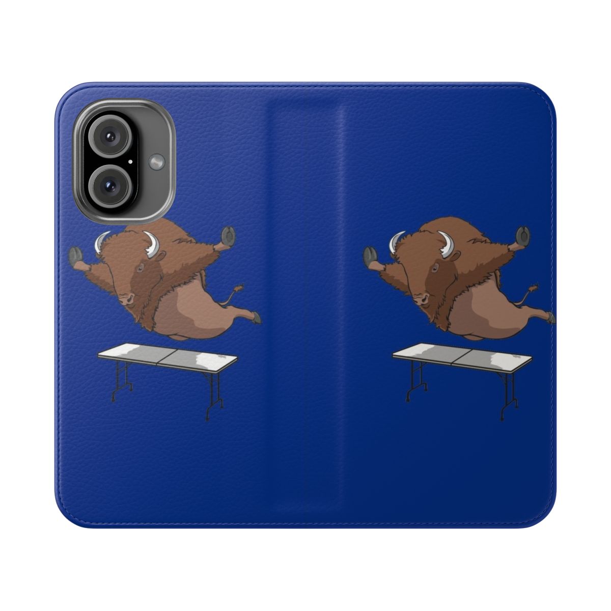 A flip cover phone case featuring a Buffalo Bills Mafia-inspired table dive design.