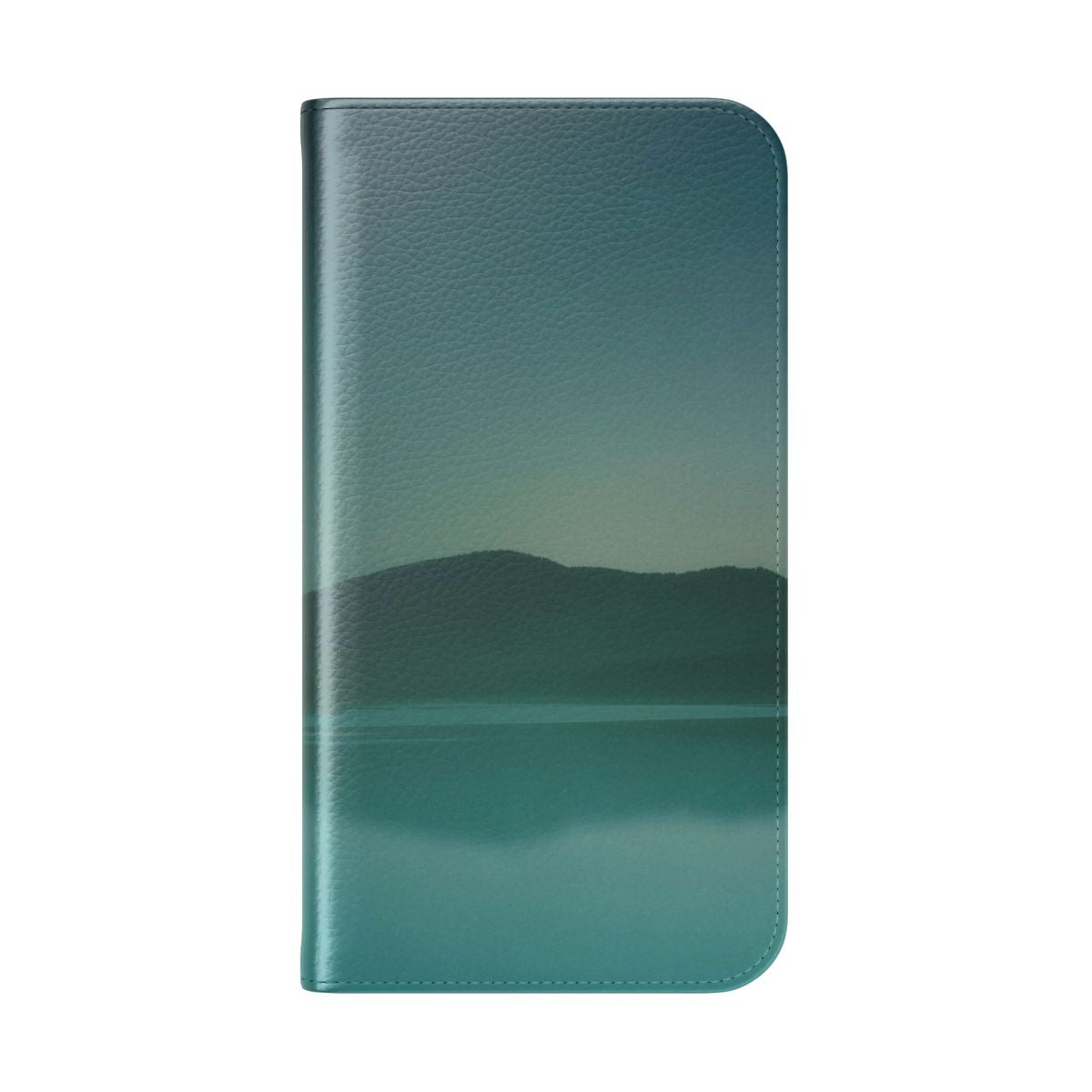 A nature-inspired flip cover phone case featuring a scenic forest lake landscape with a magical, misty atmosphere. - Folded Back