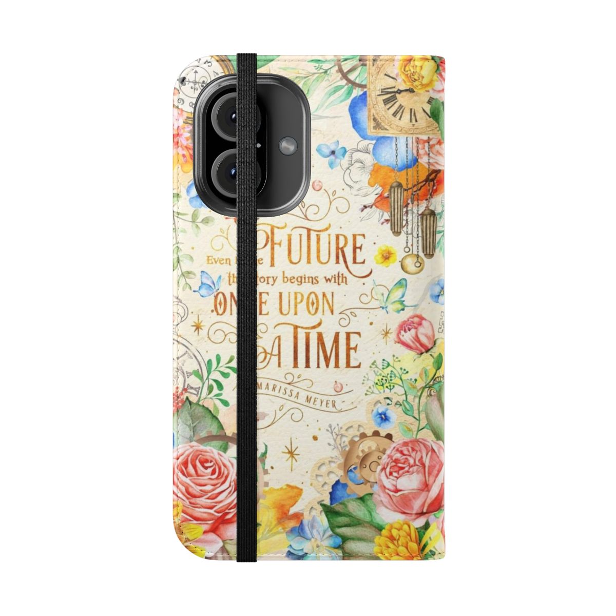 Vintage floral fantasy phone case with whimsical designs, including fairy tale elements, watercolor florals, and steampunk-inspired gears and leaves. - Folded Front