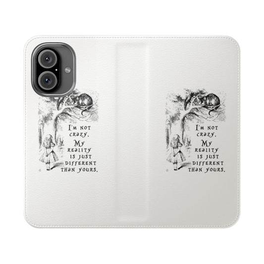 Minimalist and monochrome flip phone case featuring Alice in Wonderland characters and quotes