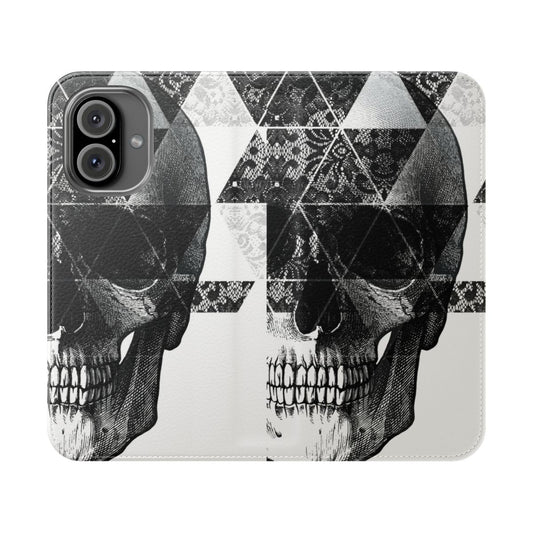 Flip cover phone case with a geometric skull design in black and white.