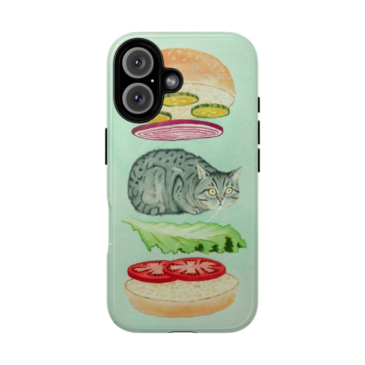 A magnetic tough phone case featuring a whimsical cat burger design.