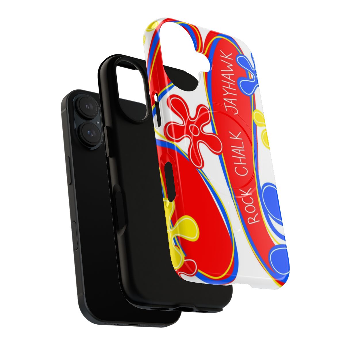 Stylish magnetic phone case featuring the University of Kansas Jayhawks mascot and school colors. - Layers