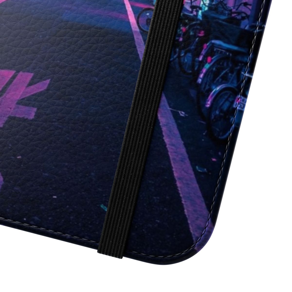 A vibrant flip cover phone case featuring a cyberpunk-inspired design with neon lights and street scenes from Tokyo, Japan. - Close Up