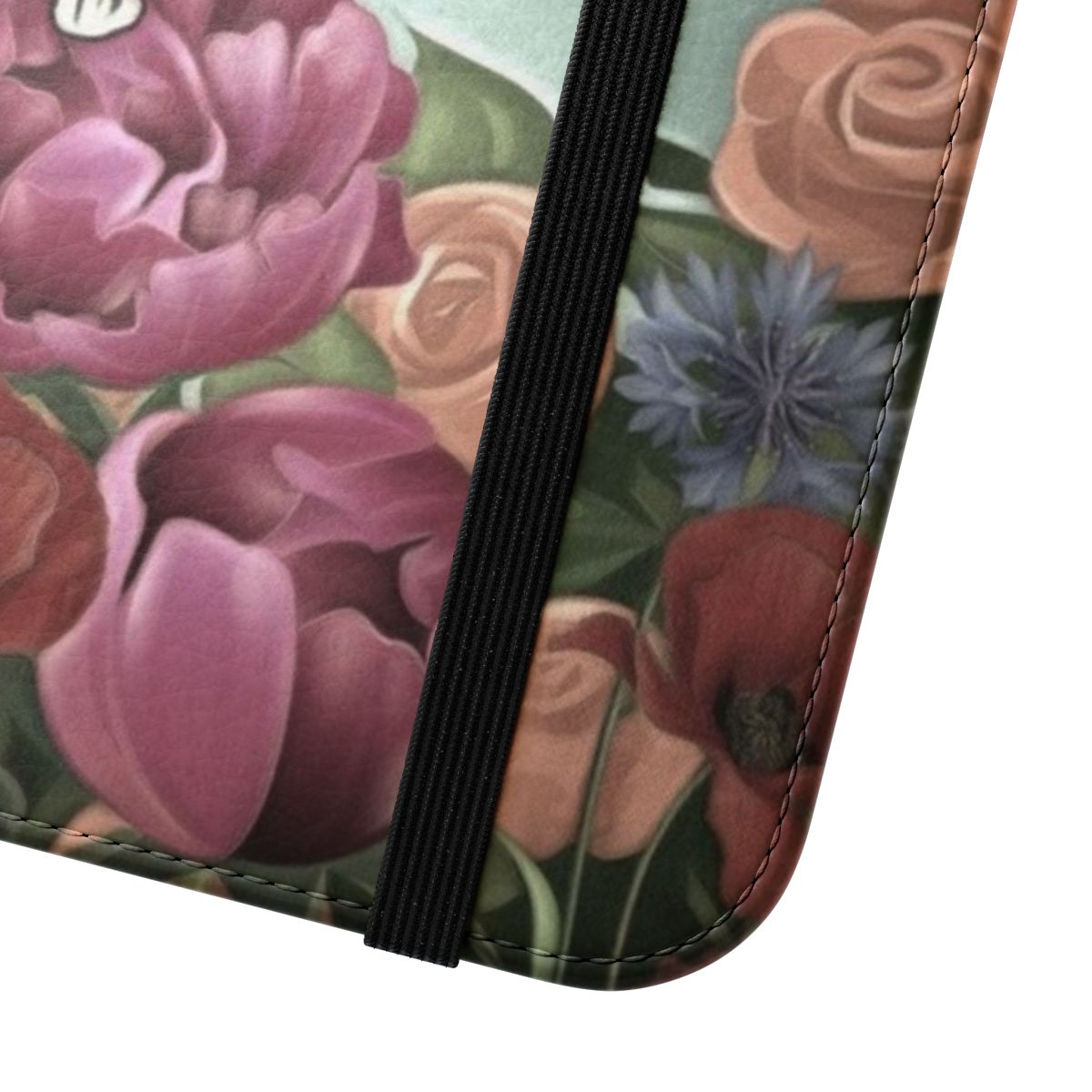 Vintage-style flip cover phone case featuring Alice in Wonderland-inspired design with flowers and quotes. - Close Up