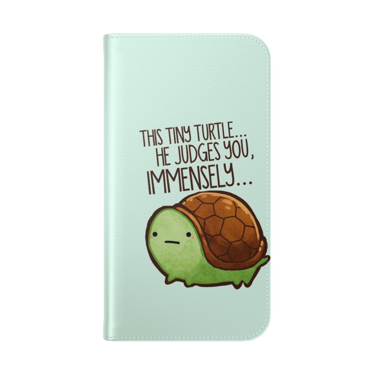 Flip cover phone case featuring a cute, green turtle design - Folded Back