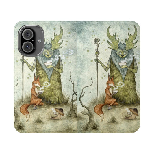 Flip cover phone case with a whimsical fairy tale forest spirit design