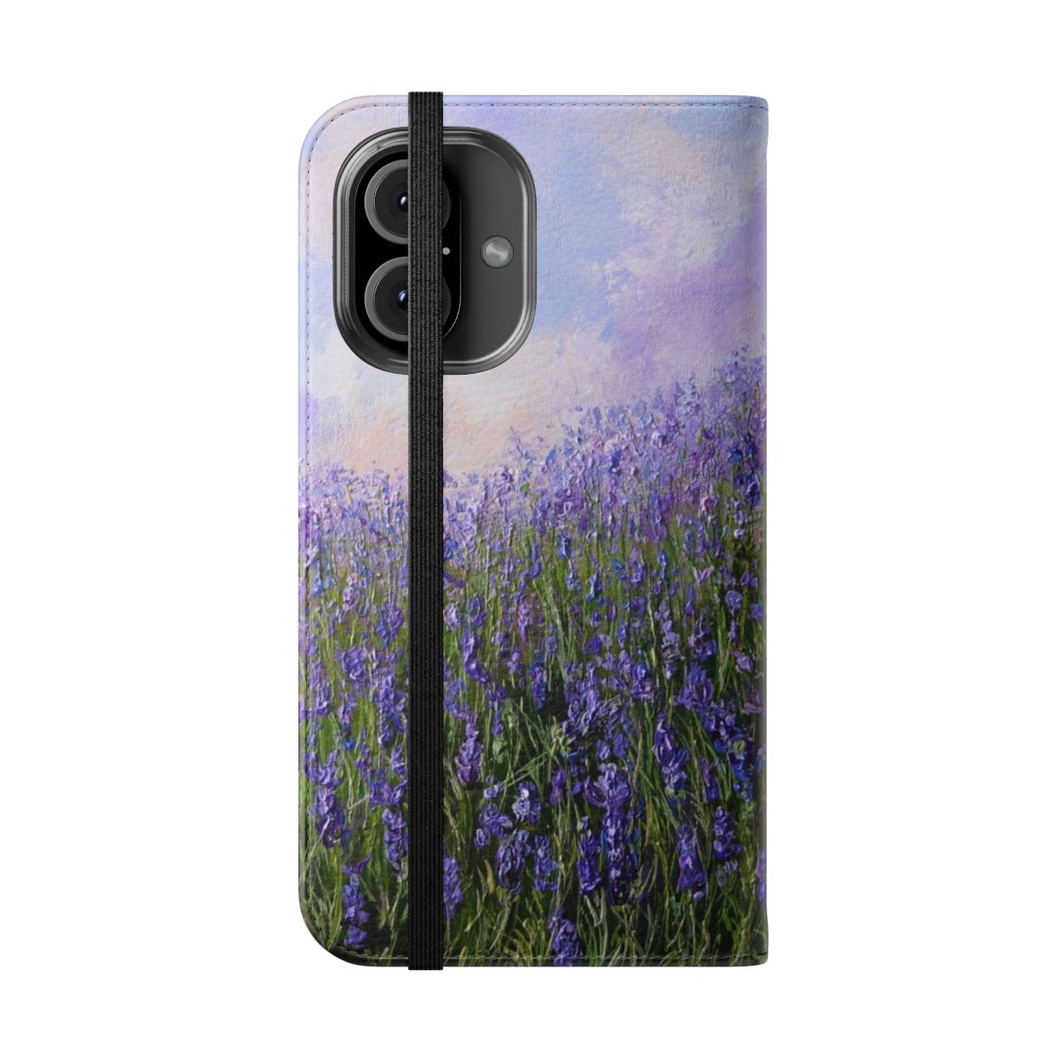 Lavender field-inspired flip cover phone case with a natural, floral design. - Folded Front