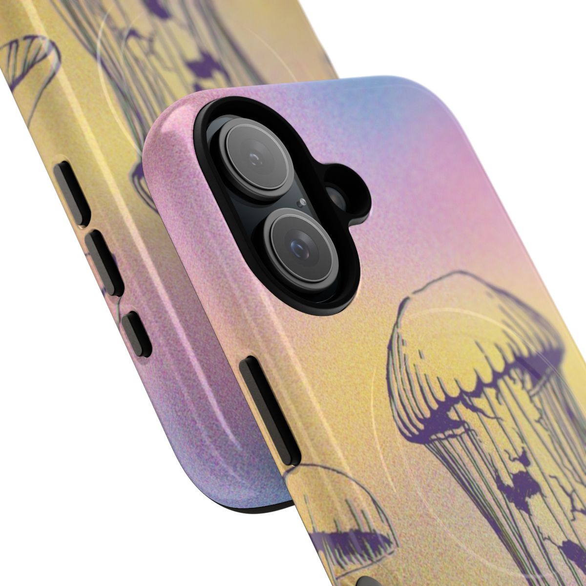 Vibrant and surreal phone case design featuring a jellyfish among colorful mushrooms and psychedelic patterns. - Detail