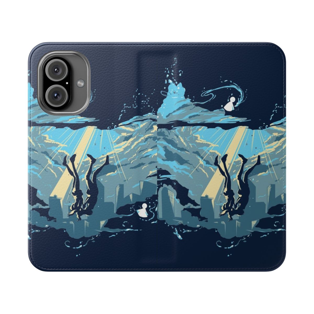 Flip phone case featuring weather and anime-inspired artwork