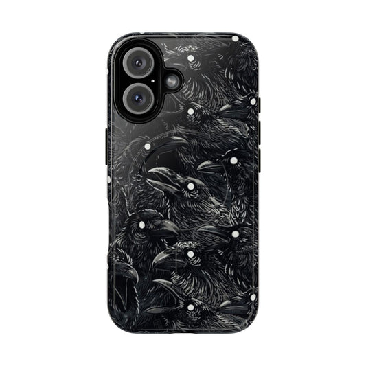 A phone case featuring a dark raven or crow pattern, perfect for gothic and fantasy enthusiasts.