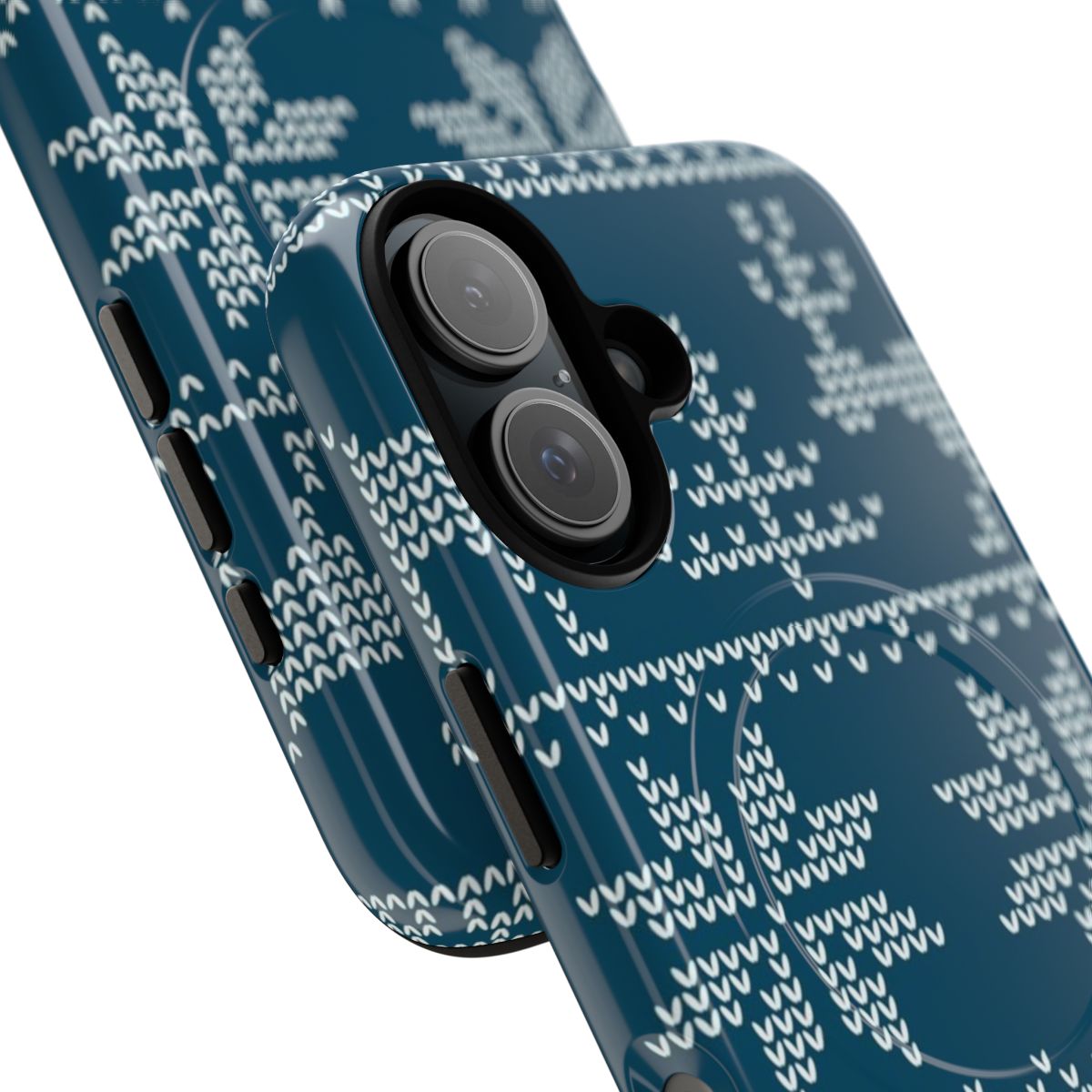 Nordic-inspired magnetic tough phone case with knit pattern, deer, and snowflakes - Detail