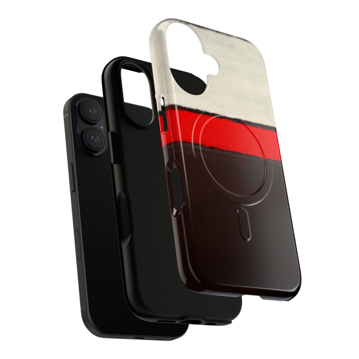 A modern, abstract phone case featuring a bold, colorful design with magnetic closure. - Layers