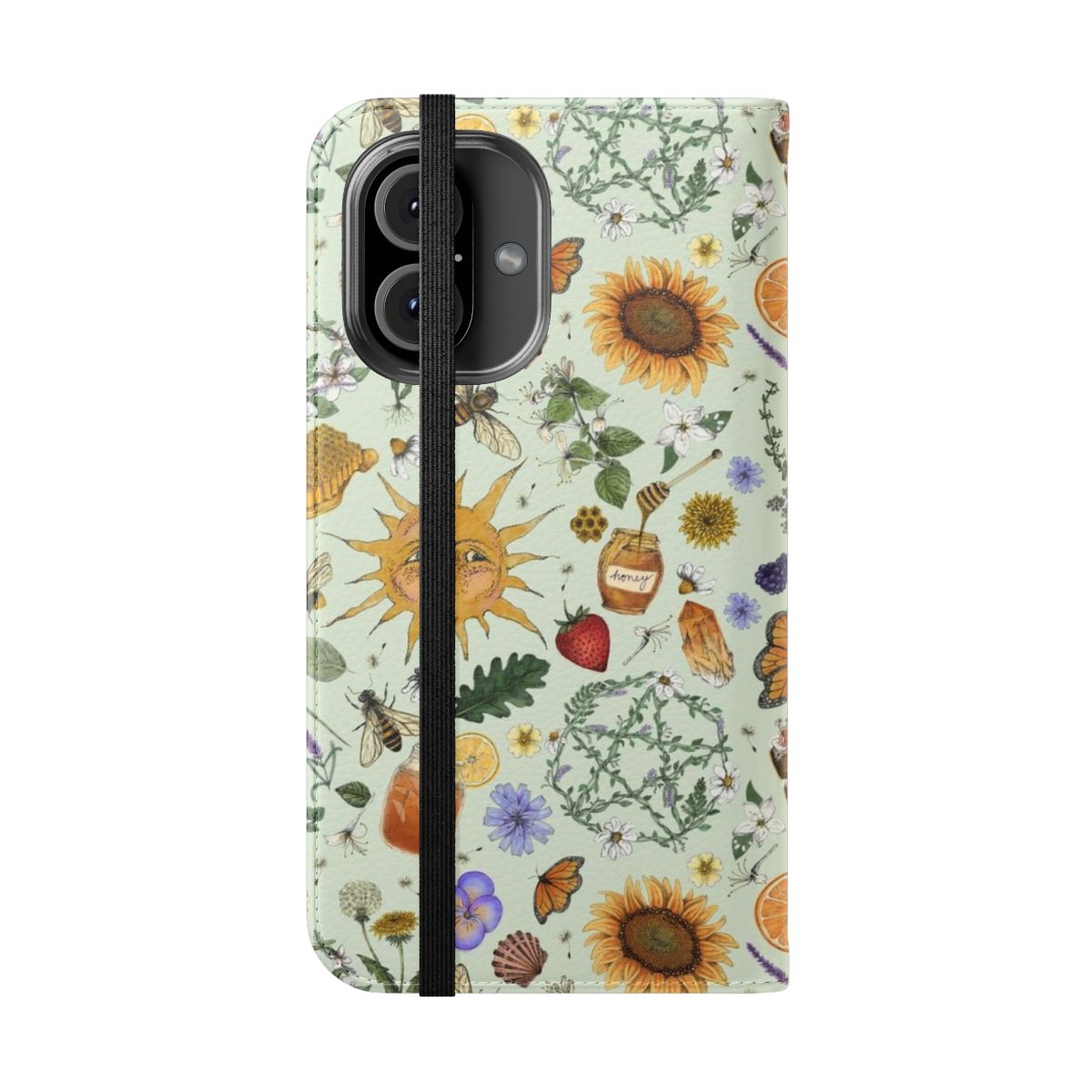 A green flip cover phone case with a Litha-inspired pattern featuring symbolic elements like a pentacle, sunflowers, and butterflies. - Folded Front