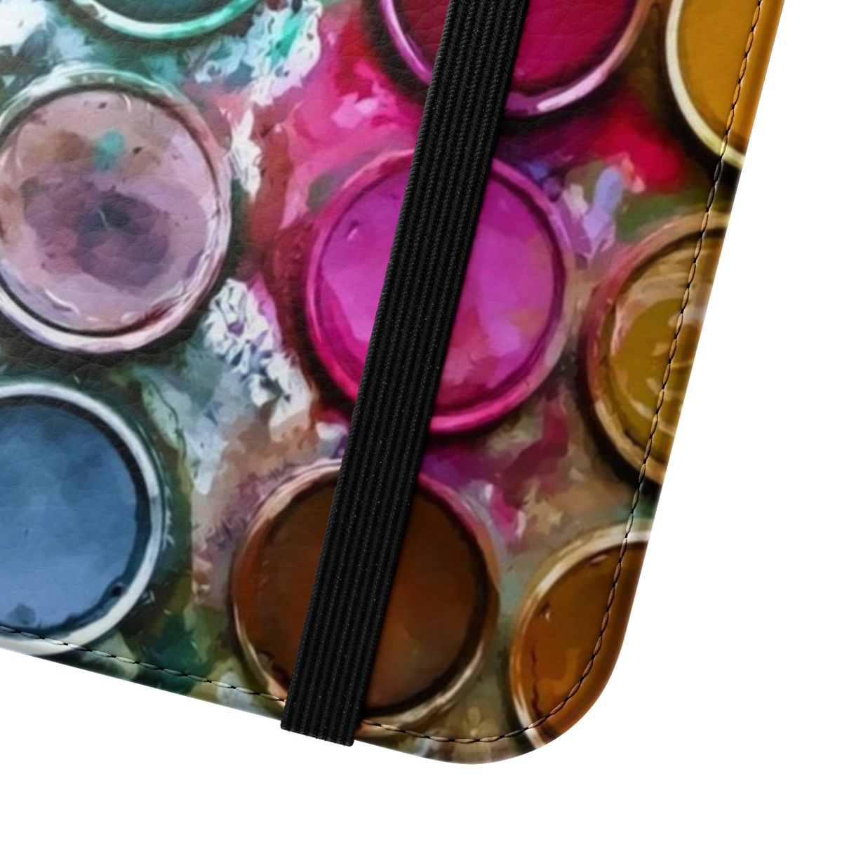 Colorful abstract paint box design on a flip phone case cover - Close Up